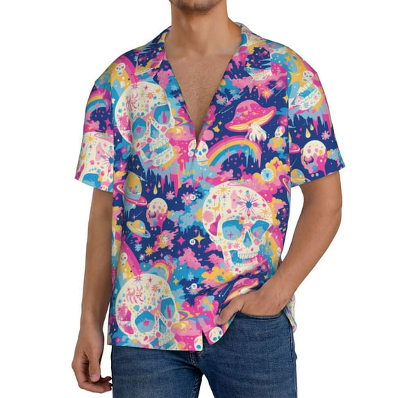 Yiaed Skull rainbow color space Print Mens Casual Wrinkle Free Shirts Short Sleeve Button Down Summer Stretch Dress Shirt-4X-Large