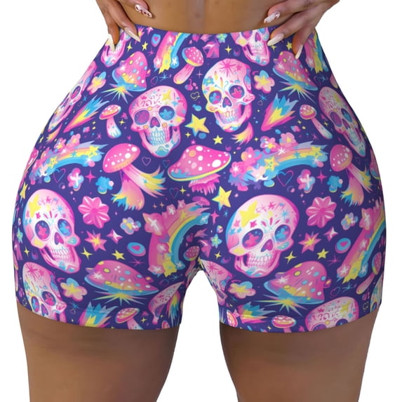 Yiaed Skull rainbow mushroom colorful Print Women's Athletic Shorts Running Shorts Sporty Short High Waisted Elastic Workout Shorts for Yoga Gym Running & Sports -XX-Large