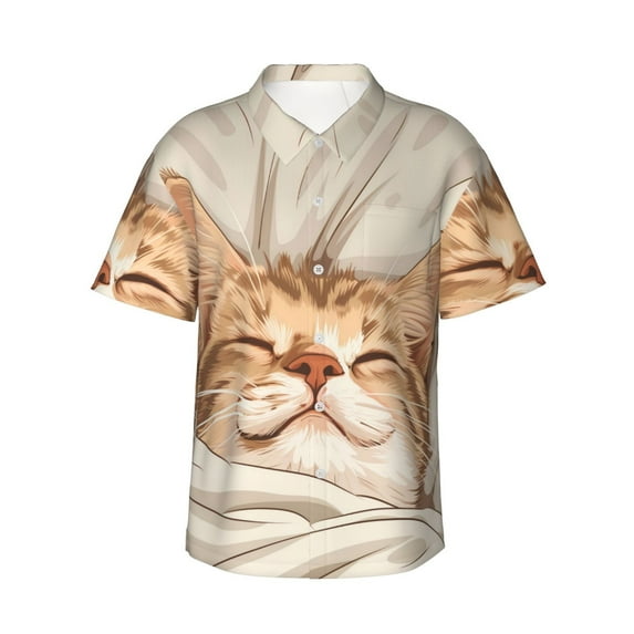 Yiaed Sleeping Cat In Blanket Print Hawaiian Shirt for Men Short Sleeve Button Down Shirts Beach Shirts for Men,Medium