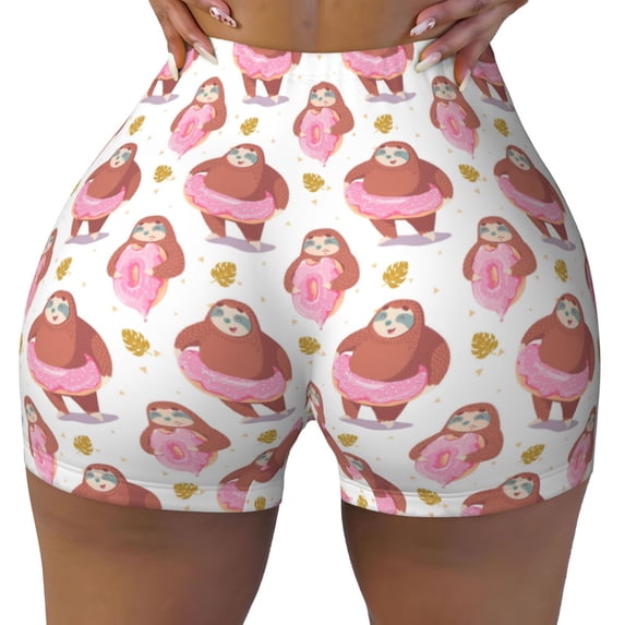 Yiaed Sloth with Donuts1 Print Women's Athletic Shorts Running Shorts Sporty Short High Waisted Elastic Workout Shorts for Yoga Gym Running & Sports -Medium