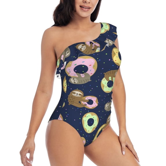 Yiaed Sloth with Donuts Print Women One Piece Swimsuits Tummy Control One Shoulder Bathing Suits Pattern Ruffle Swimwear-XX-Large
