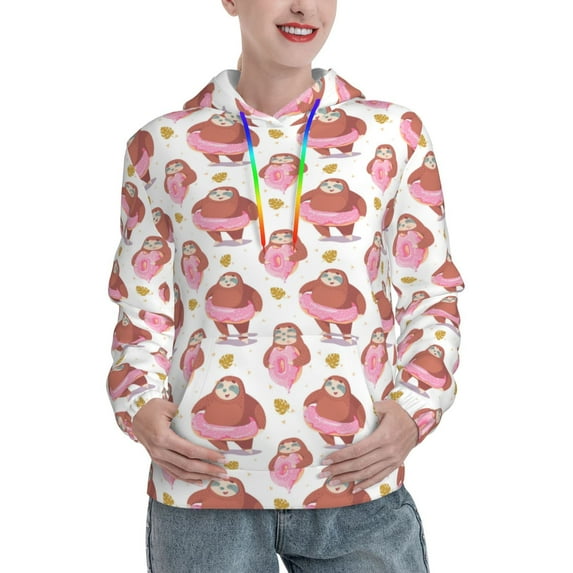 Yiaed Sloth with Donuts1 Print Womens Casual Hoodies Crew Neck Long Sleeve Sweatshirts With Pocket Pullover Tops Women's Hooded Sweatshirt-Medium