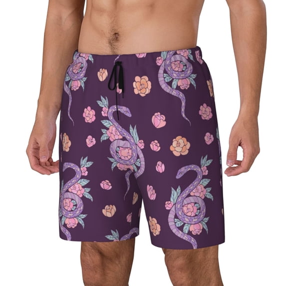 Yiaed Snake And Flower Print Mens Swim Trunks Bathing Suit Compression Liner Beach Swim Shorts Swimwear Quick Dry Zipper Pocket No-Chafing Board Short-
