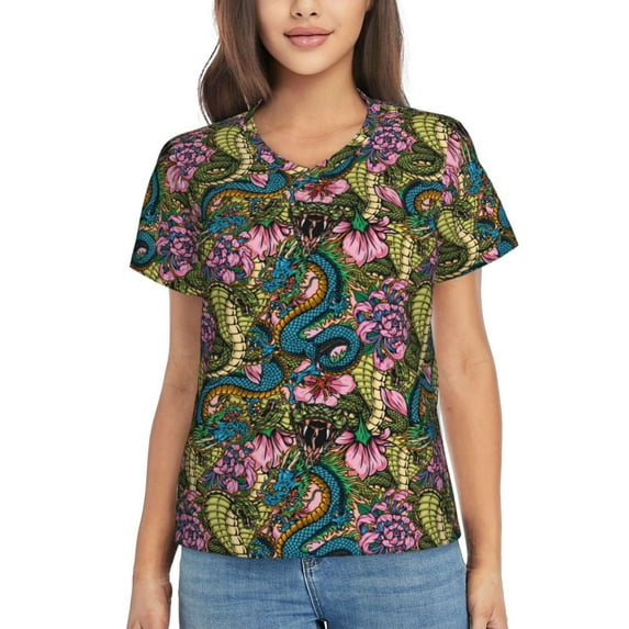 Yiaed Snake And Flower Print Women's T Shirt V-Neck Short Sleeve Shirt Casual Breathable Tee Summer Tops-3X-Large