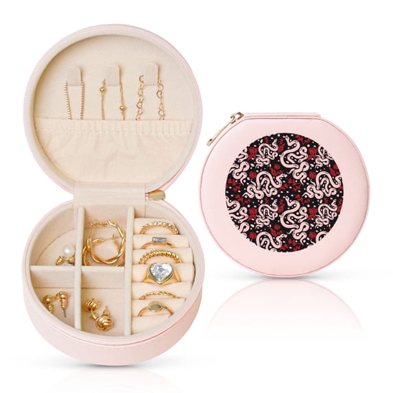 Yiaed Snake And Rose Print Travel Jewelry Case Bridesmaid Gift Boxes Jewelry Travel Organizer Small Round Jewelry Box Mini Storage-Pink
