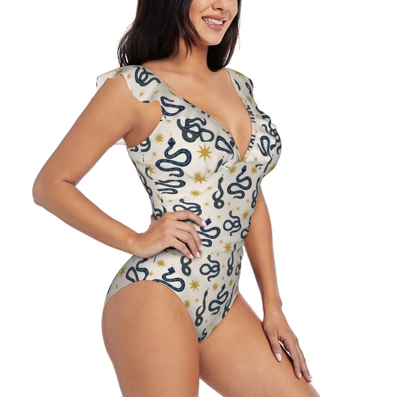 Yiaed Snake Print Women's Ruffled One Piece Swimsuit V Neck Swimwear Slimming Monokini for Woman-X-Large