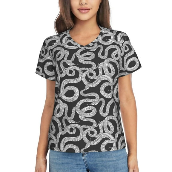 Yiaed Snake Print Women's T Shirt V-Neck Short Sleeve Shirt Casual Breathable Tee Summer Tops-XX-Large