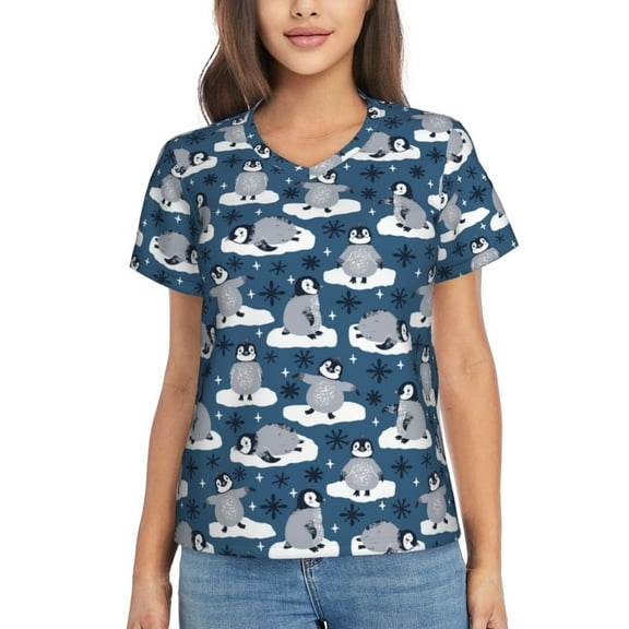 Yiaed Snow Penguin Print Women's T Shirt V-Neck Short Sleeve Shirt Casual Breathable Tee Summer Tops-Medium