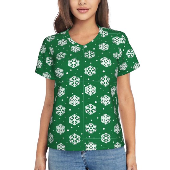 Yiaed Snowflake Print Women's T Shirt V-Neck Short Sleeve Shirt Casual Breathable Tee Summer Tops-XX-Large