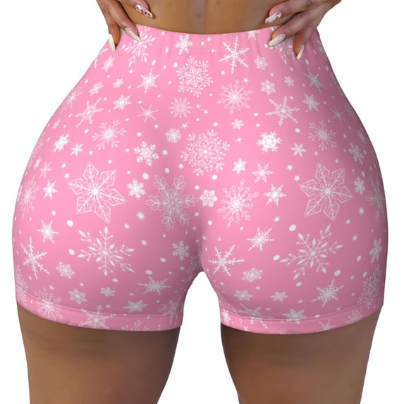 Yiaed Snowflake pink backgrounds Print Women's Athletic Shorts Running Shorts Sporty Short High Waisted Elastic Workout Shorts for Yoga Gym Running & Sports -XX-Large