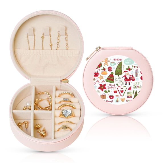 Yiaed Snowflakes Santa Claus Print Travel Jewelry Case Bridesmaid Gift Boxes Jewelry Travel Organizer Small Round Jewelry Box Mini Storage-Pink