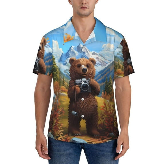 Yiaed Snowy Mountain Photography Bear Print Hawaiian Shirt for Men Short Sleeve Button Down Shirts Beach Shirts for Men-XX-Large
