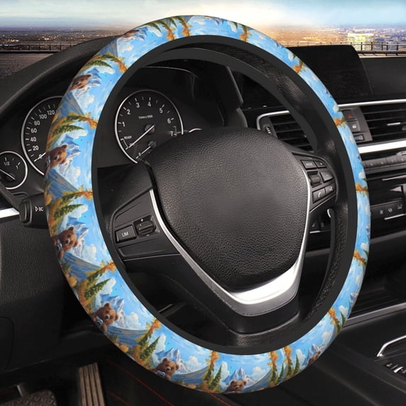 Yiaed Snowy Mountain Photography Bear Steering Wheel Cover,Universal 15 Inch Anti Slip Steering Wheel Protector Car Accessories Interior for Auto Truck SUV
