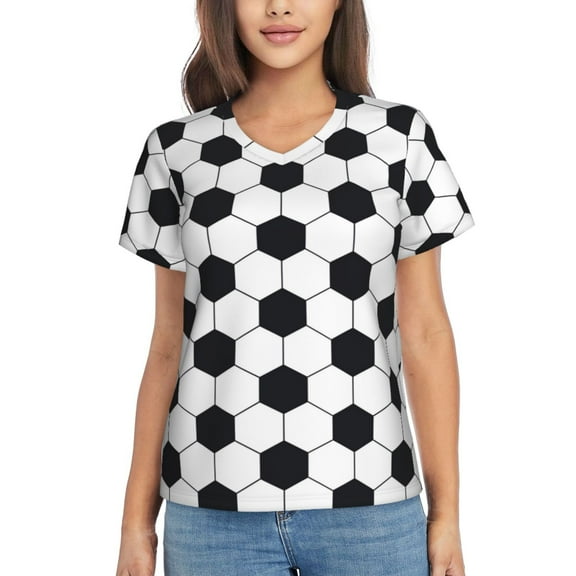 Yiaed Soccer Ball Print Women's T Shirt V-Neck Short Sleeve Shirt Casual Breathable Tee Summer Tops-XX-Large