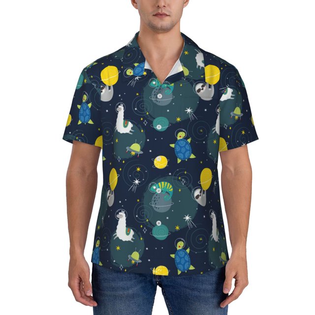 Yiaed Space and Animals Print Hawaiian Shirt for Men Short Sleeve