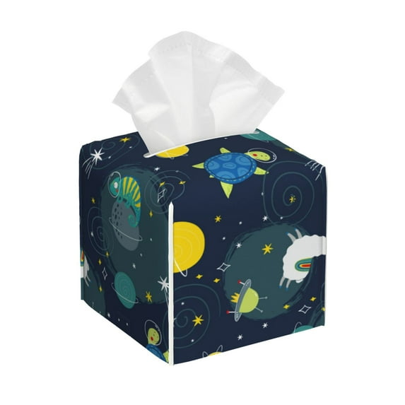 Yiaed Space and Animals Print Tissue Box Cover, PU Leather Decorative Organizer for Tabletop, Bathroom, Car, Office Creative Decorative