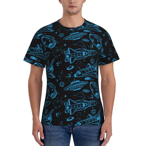 Yiaed Spacecraft Print Mens Short Sleeve Tight Fit T-Shirt, Crewneck Casual Tee-Small
