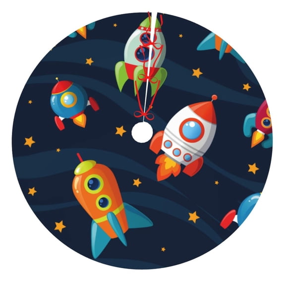 Yiaed Spaceships and Stars Print Christmas Tree Skirt , Tree SkirtsTree Mat for Christmas Winter Holiday Indoor Decorations-30"