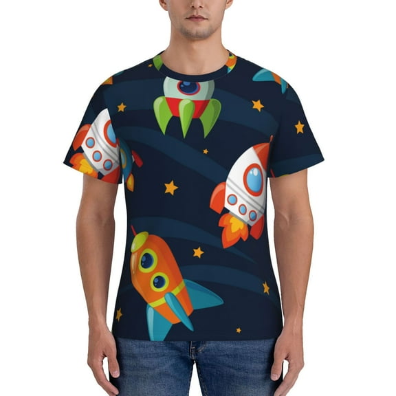 Yiaed Spaceships and Stars Print Mens Short Sleeve Tight Fit T-Shirt, Crewneck Casual Tee-Small