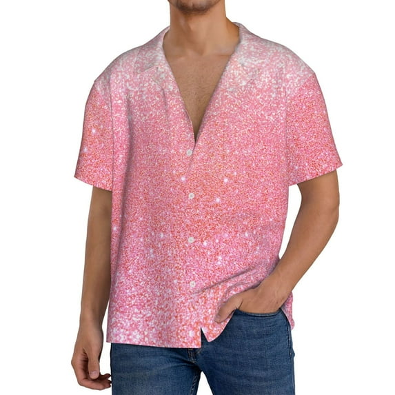 Yiaed Sparkly Pink Glitter Print Mens Casual Wrinkle Free Shirts Short Sleeve Button Down Summer Stretch Dress Shirt-3X-Large