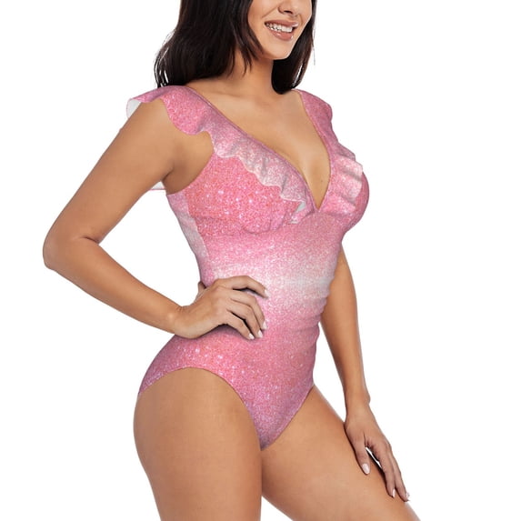 Yiaed Sparkly Pink Glitter Print Women's Ruffled One Piece Swimsuit V Neck Swimwear Slimming Monokini for Woman-Large