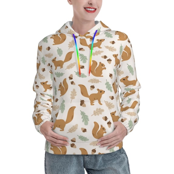 Yiaed Squirrel And Leaves Print Womens Casual Hoodies Crew Neck Long Sleeve Sweatshirts With Pocket Pullover Tops Women's Hooded Sweatshirt-X-Large