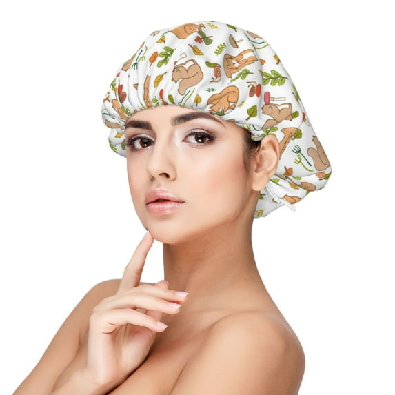 Yiaed Squirrel And Mushroom Print Satin Bonnet Silk Bonnet Hair Bonnet for Sleeping Hair Bonnets