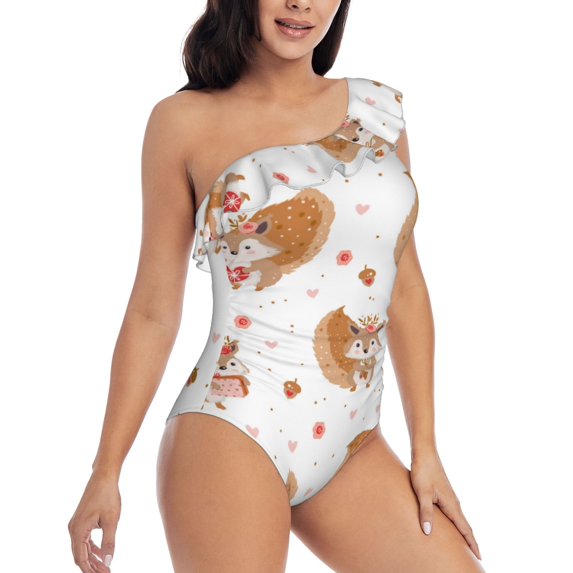 Yiaed Squirrel Giving A Gift Print Women One Piece Swimsuits Tummy Control One Shoulder Bathing Suits Pattern Ruffle Swimwear-Small