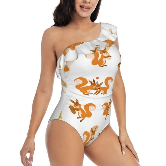Yiaed Squirrel Playing Print Women One Piece Swimsuits Tummy Control One Shoulder Bathing Suits Pattern Ruffle Swimwear-Small