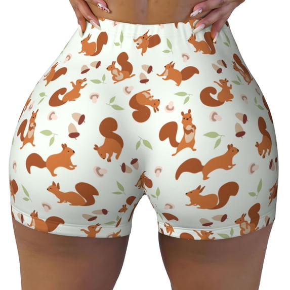 Yiaed Squirrel Playing Print Women's Athletic Shorts Running Shorts Sporty Short High Waisted Elastic Workout Shorts for Yoga Gym Running & Sports -Medium