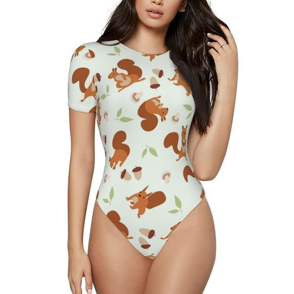 Yiaed Squirrel Playing Print Women's Waist-Cinching Short-Sleeved Onesie,Elastic Onesiet,Snaps At Bottom,Easy To Put On And Take Off for Wome Bodysuit -X-Large