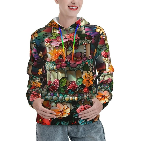 Yiaed Stained Glass Floral Cake Print Womens Casual Hoodies Crew Neck Long Sleeve Sweatshirts With Pocket Pullover Tops Women's Hooded Sweatshirt-XX-Large