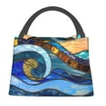 thumbnail image 1 of Yiaed Stained Glass Ocean Wave Print Lunch box lunch bag Portable Insulated Lunch Box for Women Men Cooler Tote Bag with Front Pocket for Work Picnic Travel, 1 of 1