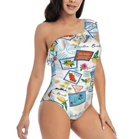 Yiaed Stamp Print Women One Piece Swimsuits Tummy Control One Shoulder Bathing Suits Pattern Ruffle Swimwear-Small