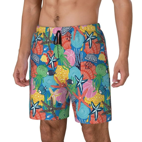 Yiaed Starfish And Algae Print Mens Swim Trunks Bathing Suit Compression Liner Beach Swim Shorts Swimwear Quick Dry Zipper Pocket No-Chafing Board Short-Large