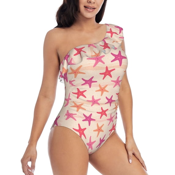Yiaed Starfish Print Women One Piece Swimsuits Tummy Control One Shoulder Bathing Suits Pattern Ruffle Swimwear-Small