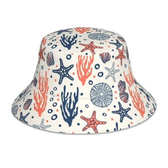 Yiaed Starfish Shell Print Reflective Stripe Bucket Hat Unisex Funny Outdoor Fisherman Cap Beach Sun Hat