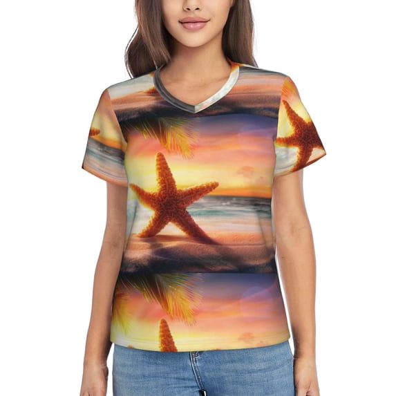 Yiaed Starfish Sunset Sea Beach Print Women's T Shirt V-Neck Short Sleeve Shirt Casual Breathable Tee Summer Tops-3X-Large