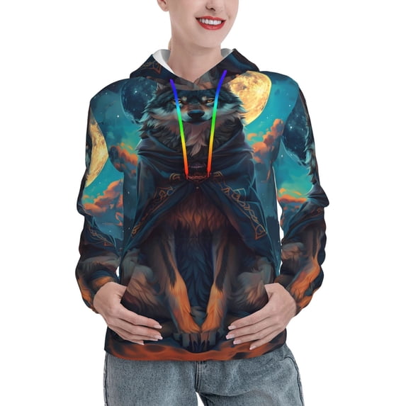 Yiaed Starry Sky Moon Wolf Leader Print Womens Casual Hoodies Crew Neck Long Sleeve Sweatshirts With Pocket Pullover Tops Women's Hooded Sweatshirt-X-Large