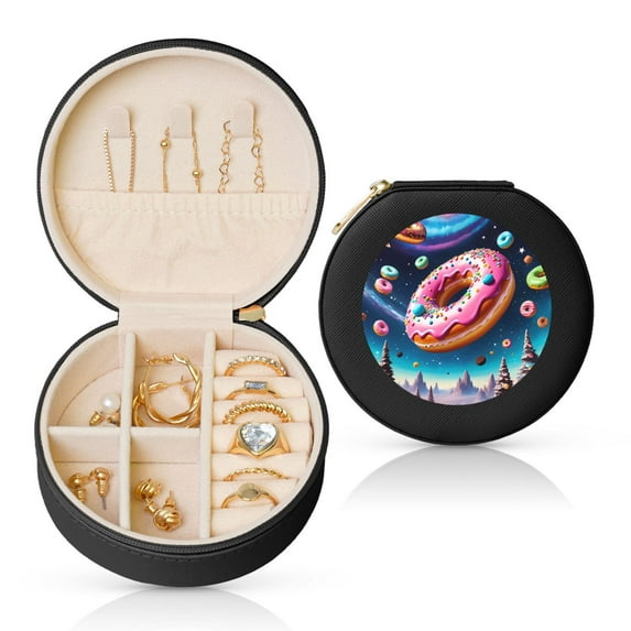 Yiaed Starry Sky Pine Tree Donut Print Travel Jewelry Case Bridesmaid Gift Boxes Jewelry Travel Organizer Small Round Jewelry Box Mini Storage-Black