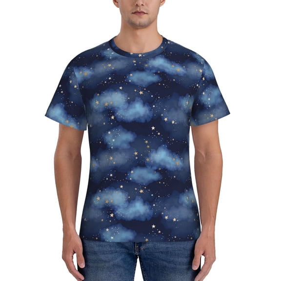 Yiaed Starry Sky Print Mens Short Sleeve Tight Fit T-Shirt, Crewneck Casual Tee-X-Large