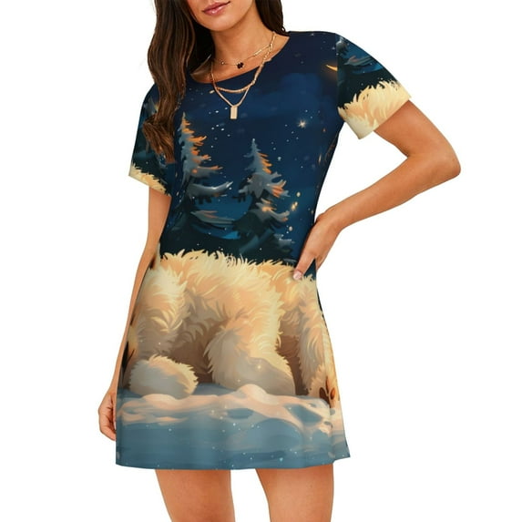 Yiaed Starry Sky Sleep White Bear Print Women's Loose-Fit Short Sleeve Nightgown, Soft and Comfortable Sleep Dress for Relaxation and Sleepwear