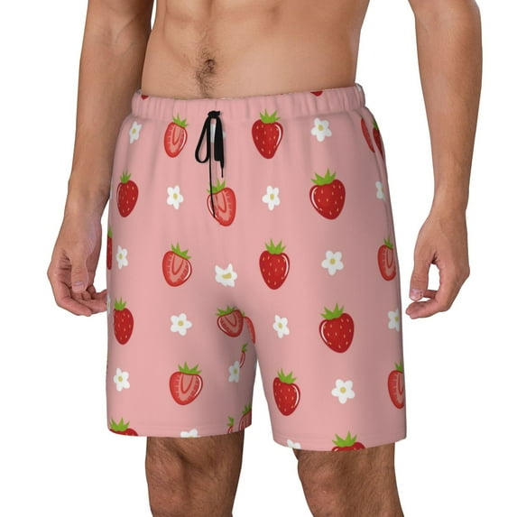 Yiaed Strawberries Print Mens Swim Trunks Bathing Suit Compression Liner Beach Swim Shorts Swimwear Quick Dry Zipper Pocket No-Chafing Board Short-Medium