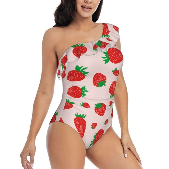 Yiaed Strawberries Print Women One Piece Swimsuits Tummy Control One Shoulder Bathing Suits Pattern Ruffle Swimwear-Large