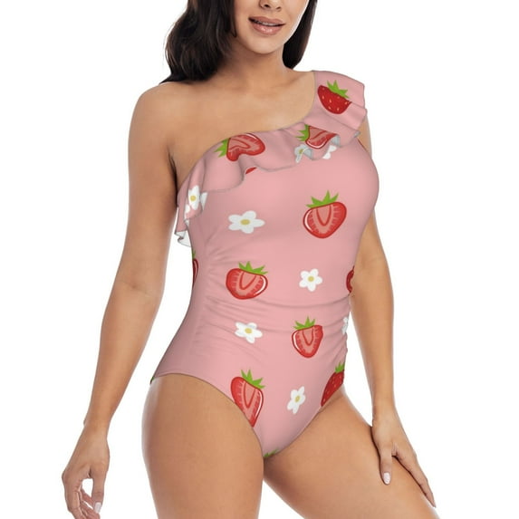 Yiaed Strawberries Print Women One Piece Swimsuits Tummy Control One Shoulder Bathing Suits Pattern Ruffle Swimwear-Large