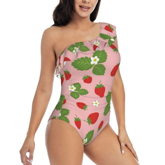 Yiaed Strawberries Print Women One Piece Swimsuits Tummy Control One Shoulder Bathing Suits Pattern Ruffle Swimwear-Small