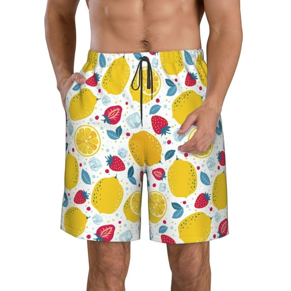 Yiaed Strawberry Lemon Print Men's Swim Trunks with Lining Quick Dry Sports Shorts Beach Shorts Boardshorts-Medium