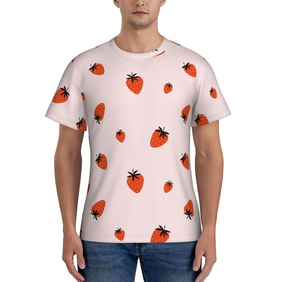 Yiaed Strawberry Print Mens Short Sleeve Tight Fit T-Shirt, Crewneck Casual Tee-3X-Large