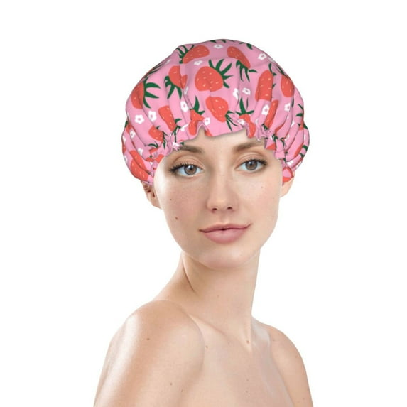 Yiaed Strawberry Print Reusable Shower Cap & Bath Cap & Lined, Oversized Waterproof Shower Caps Designed for all Hair Lengths