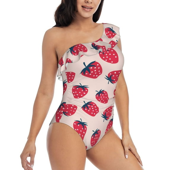 Yiaed Strawberry Print Women One Piece Swimsuits Tummy Control One Shoulder Bathing Suits Pattern Ruffle Swimwear-Large